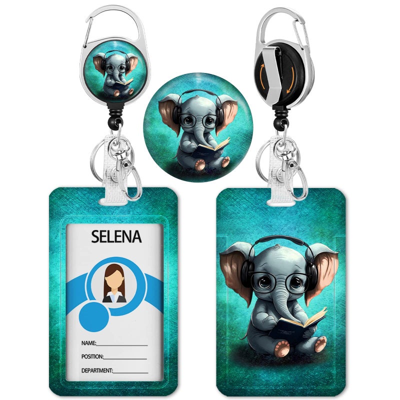 lebrocoli Cute Elephant Badge Holder with Retractable Reel  Id Card Work Badge Holder with Clip Heavy Duty  Vertical Card Name Tag Badge Cover Case Protector for Work Office Nurse Teacher Women Gifts - Image 1